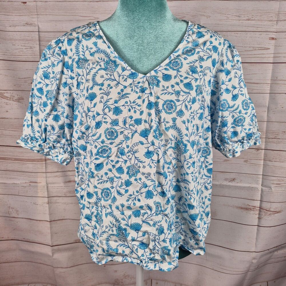 Draper James Womens Top Sz Large White Blue Floral Cottagecore Boho Prairie